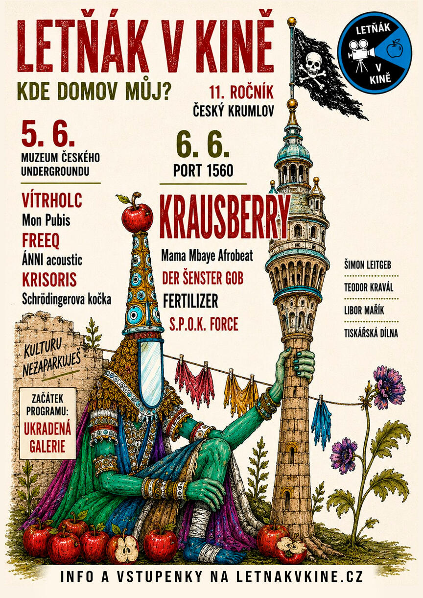 Plakát k letošnímu hudebnímu festivalu Letňák v kině, který se koná v českém Krumlově i v roce 2026. Hlavní kapela Krausberry a mnoho dalších.